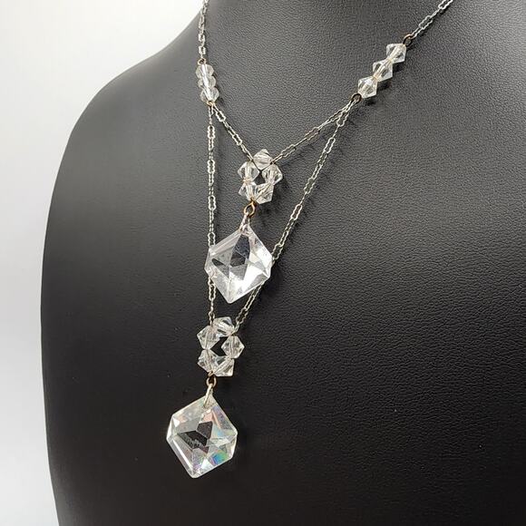 1920s Art Deco Crystal Lavalier Necklace Y Drop Leaded Glass Crinkle Link Chain - Picture 4 of 8
